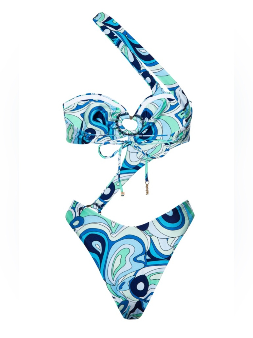 Kamari Swim Blue Green Retro Print Cutout Bikini Set Medium NWT - Picture 2 of 9